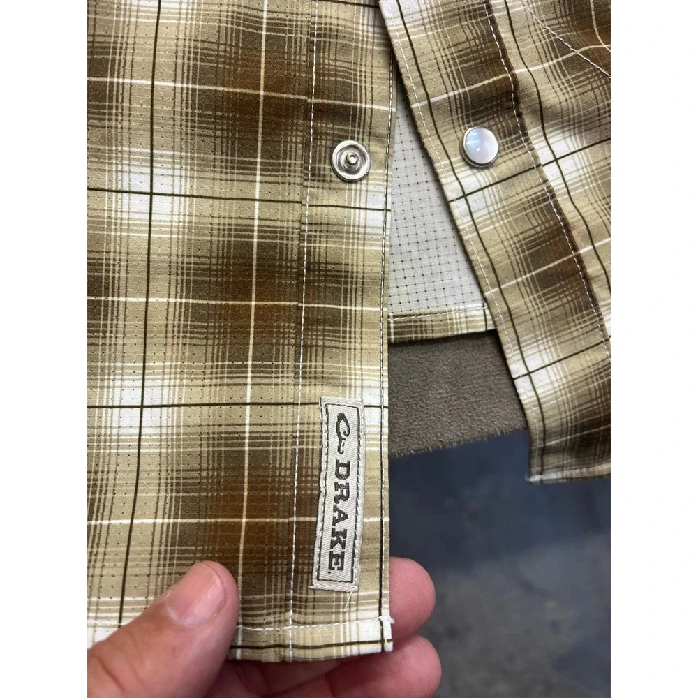 Drake Waterfowl Wingshooter Shirt Mens Large Brown Plaid Pearl Snap‎ Fishing L